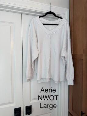 Aerie White Waffle V-Neck Long Sleeve Pullover